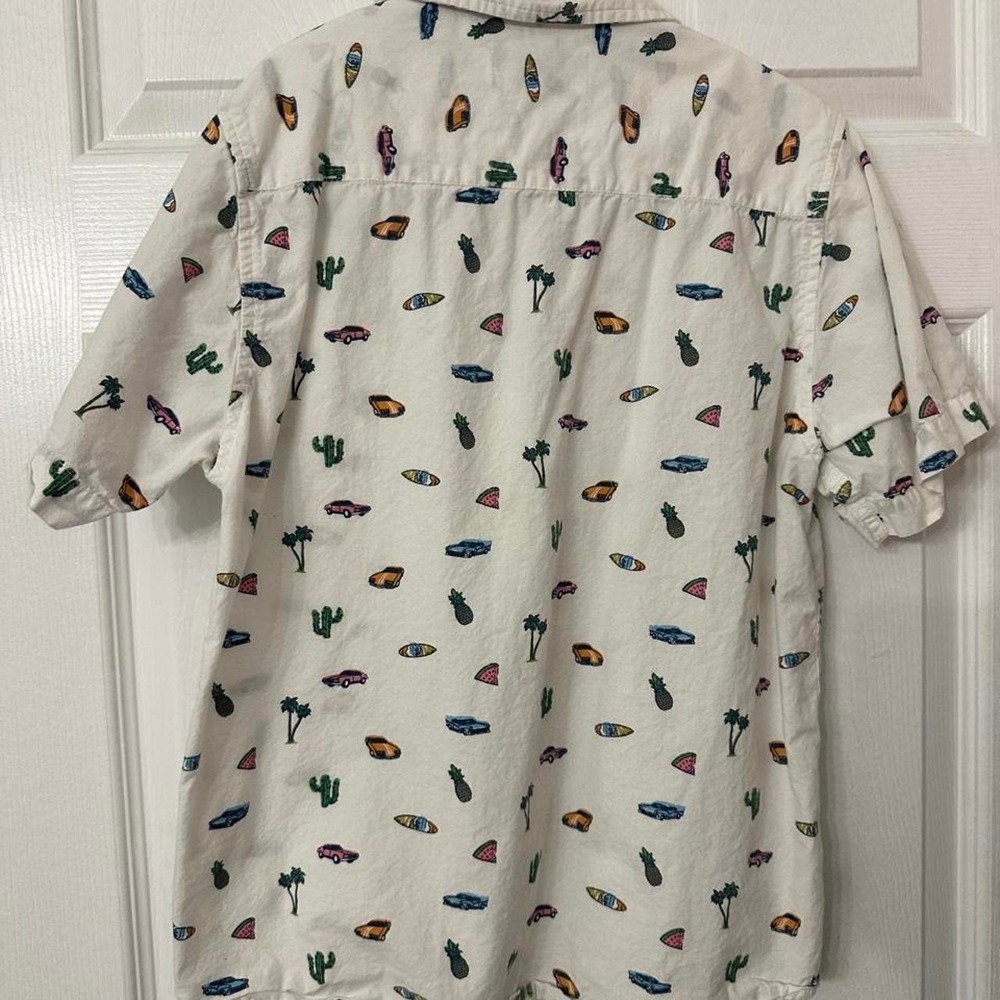 First Wave Mens White Cotton Cactus Palm Tree Car Print Short Sleeve Button Up - Picture 2 of 4